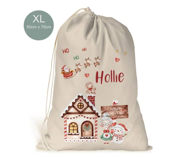 Personalised Xl Drawstring Christmas Sack/stocking Cute Gingerbread Santa Snowman Mrs Claus Scene Xmas Present Sack Gift Bag - image 1