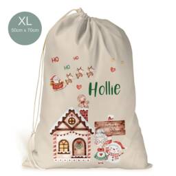Personalised Xl Drawstring Christmas Sack/stocking Cute Gingerbread Santa Snowman Mrs Claus Scene Xmas Present Sack Gift Bag - thumbnail 2