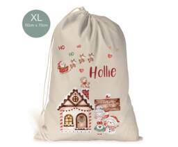 Personalised Xl Drawstring Christmas Sack/stocking Cute Gingerbread Santa Snowman Mrs Claus Scene Xmas Present Sack Gift Bag - thumbnail 1