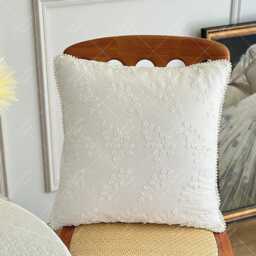 Embroidered Floral Pillow Cover White Cotton Cushion Cover With Pearl Decor - thumbnail 1