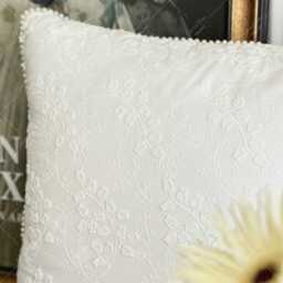 Embroidered Floral Pillow Cover White Cotton Cushion Cover With Pearl Decor - thumbnail 2