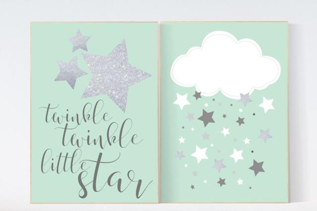 Mint Nursery Decor Twinkle Star & Cloud Wall Art - image 1