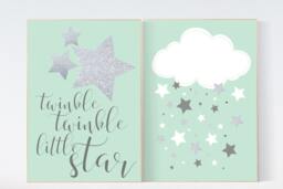 Mint Nursery Decor Twinkle Star & Cloud Wall Art - thumbnail 1