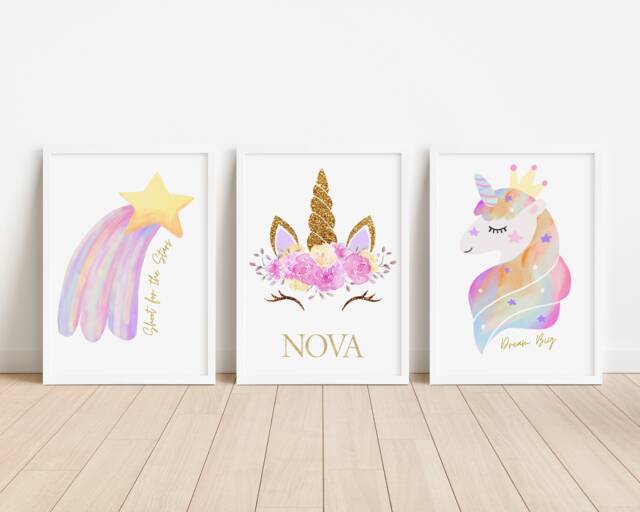 Personalised Unicorn Rainbow Nursery Bedroom Prints Pink Set Of 3 Pastel Style Wall Art - image 1