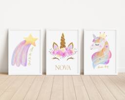 Personalised Unicorn Rainbow Nursery Bedroom Prints Pink Set Of 3 Pastel Style Wall Art - thumbnail 1