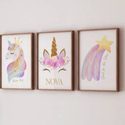 Personalised Unicorn Rainbow Nursery Bedroom Prints Pink Set Of 3 Pastel Style Wall Art - thumbnail 2