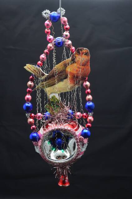 Vintage Christmas Ornament With Dresden Trims, Victorian Die Cuts & Mercury Glass Beads - image 1