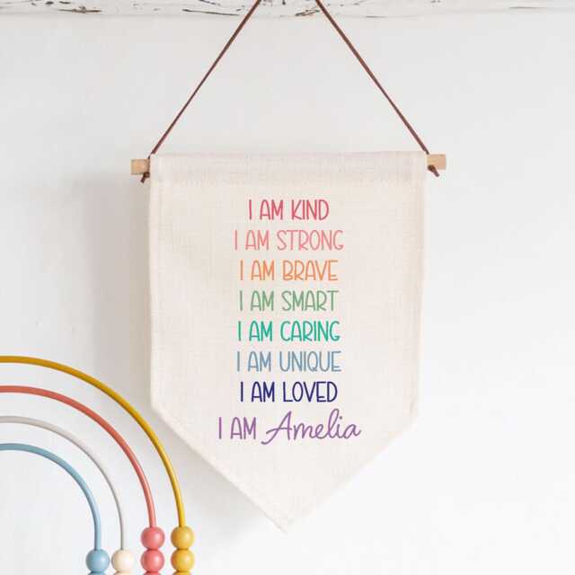 Personalised Linen Flag Pennant - Custom Girls Name Positive Affirmation Birthday Gift For Daughter Niece Hanging Nursery Wall Decor Sign - image 1
