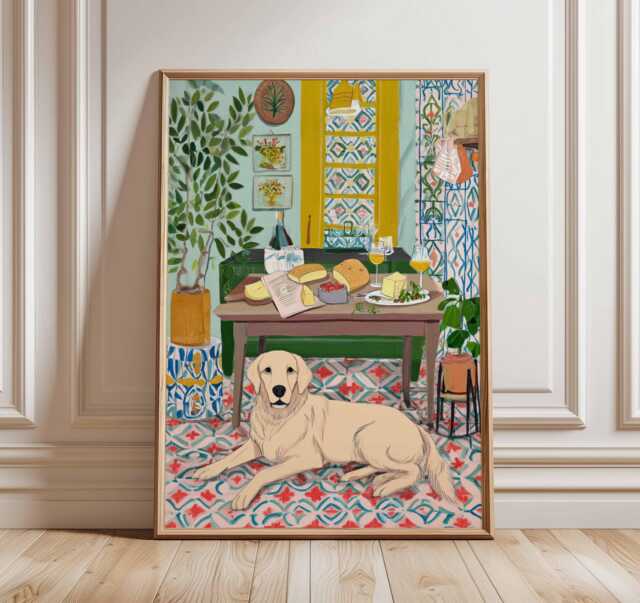 Labrador Wall Art Print, Dog Kitchen Poster, Cozy Home Decor Illustration, Cheese & Wine Artwork, Pet Lover Gift - image 1