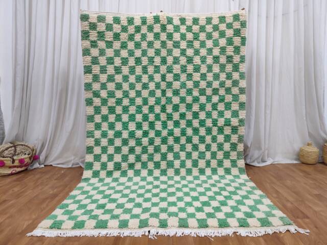 Handmade Moroccan Wool Rug - Olive Green & White Checkerboard Berber Carpet - image 1