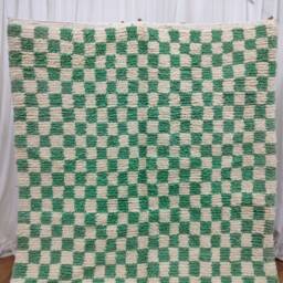 Handmade Moroccan Wool Rug - Olive Green & White Checkerboard Berber Carpet - thumbnail 2