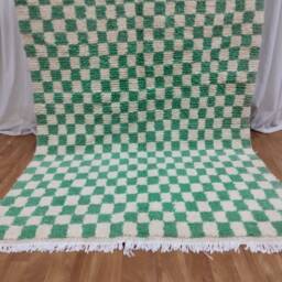 Handmade Moroccan Wool Rug - Olive Green & White Checkerboard Berber Carpet - thumbnail 3