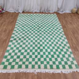 Handmade Moroccan Wool Rug - Olive Green & White Checkerboard Berber Carpet - thumbnail 4