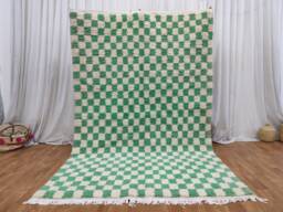 Handmade Moroccan Wool Rug - Olive Green & White Checkerboard Berber Carpet - thumbnail 1