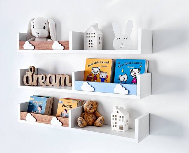 White Floating Shelves, Scandinavian Nursery Bookshelf With Rail, Set Of 3 - image 1