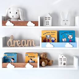 White Floating Shelves, Scandinavian Nursery Bookshelf With Rail, Set Of 3 - thumbnail 2