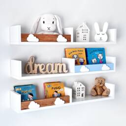 White Floating Shelves, Scandinavian Nursery Bookshelf With Rail, Set Of 3 - thumbnail 3