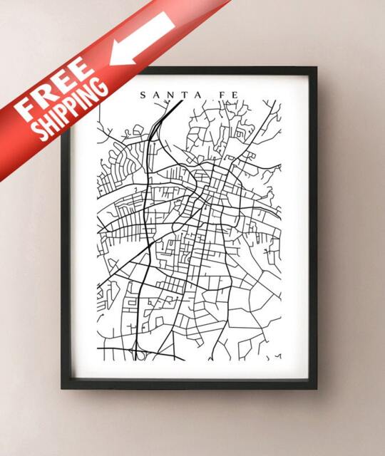 Santa Fe Map Print - New Mexico Poster Art Usa Black & White Wall Decor - image 1