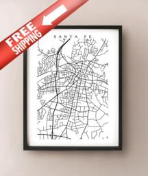 Santa Fe Map Print - New Mexico Poster Art Usa Black & White Wall Decor - thumbnail 1
