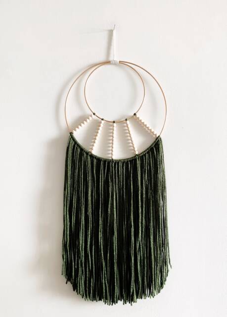 Green Macrame Wall Hanging With Wooden Beads, Double Hoop Design - image 1