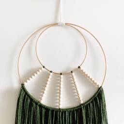 Green Macrame Wall Hanging With Wooden Beads, Double Hoop Design - thumbnail 3