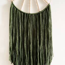 Green Macrame Wall Hanging With Wooden Beads, Double Hoop Design - thumbnail 2