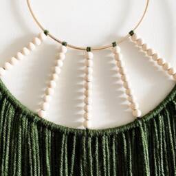 Green Macrame Wall Hanging With Wooden Beads, Double Hoop Design - thumbnail 4