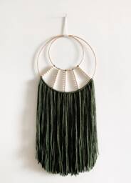 Green Macrame Wall Hanging With Wooden Beads, Double Hoop Design - thumbnail 1