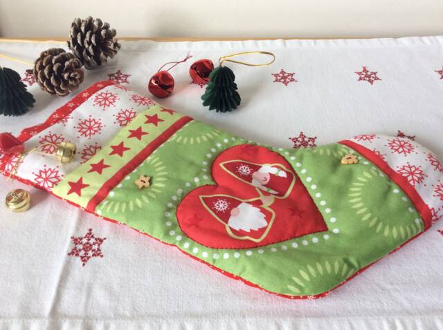 Hand Quilted Christmas Stocking With A Scandi Tree Design, Mr & Mrs Gnome Stocking Bells, Lined Brushed Cotton - image 1
