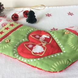Hand Quilted Christmas Stocking With A Scandi Tree Design, Mr & Mrs Gnome Stocking Bells, Lined Brushed Cotton - thumbnail 2