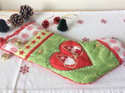 Hand Quilted Christmas Stocking With A Scandi Tree Design, Mr & Mrs Gnome Stocking Bells, Lined Brushed Cotton - thumbnail 1