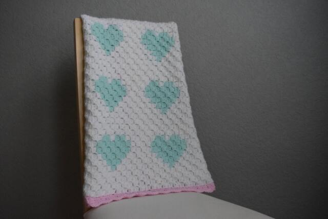 Crochet Heart Baby Blanket, Mint, Pink, & White, Handmade Nursery Bedding - image 1