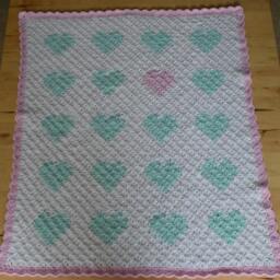 Crochet Heart Baby Blanket, Mint, Pink, & White, Handmade Nursery Bedding - thumbnail 2