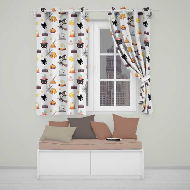 Cute Halloween Witch Pumpkin Candle & Spider Kawaii Seamless Pattern Readymade Eyelet Ring Top Thermal 100% Blackout Curtains - image 1