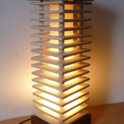 Sold - To Order Contemporary Square Off White Ceramic & African Teak Stacked Tower Pagoda Style Table Lamp Hand Made 49 cm Tall - thumbnail 3