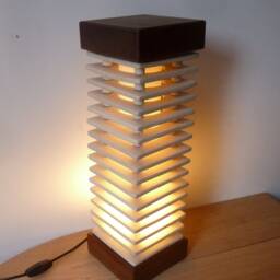 Contemporary Square Off White Ceramic & African Teak Stacked Tower Pagoda Style Table Lamp Light Hand Made 49 cm Tall - thumbnail 4