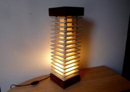 Contemporary Square Off White Ceramic & African Teak Stacked Tower Pagoda Style Table Lamp Light Hand Made 49 cm Tall