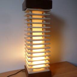 Sold - To Order Contemporary Square Off White Ceramic & African Teak Stacked Tower Pagoda Style Table Lamp Hand Made 49 cm Tall - thumbnail 2