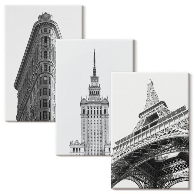 Canvas Wall Art Set Of 3 - Buildings in Black & White Minimalism, Print, Travels Hanging Piece - image 1