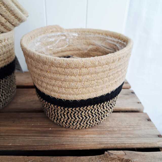Basket Planter in Natural With Black Stripe - Plastic Lined - image 1