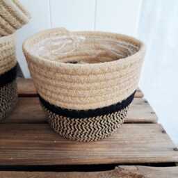 Basket Planter in Natural With Black Stripe - Plastic Lined