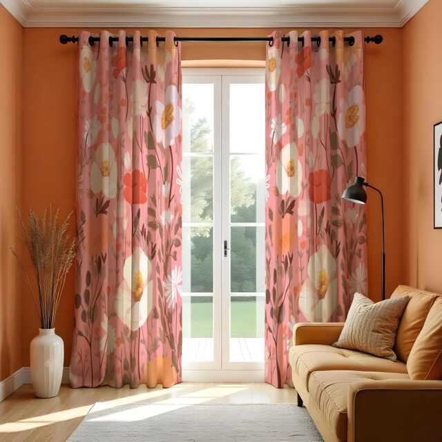 Retro Floral Curtains, Orange & Pink Abstract Flower Drapes, Mid Century Modern Style Made To Measure Panels, Custom Living Room Curtains - image 1