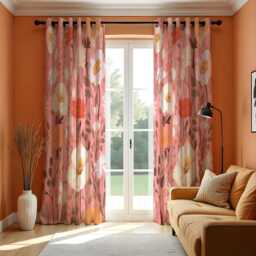 Retro Floral Curtains, Orange & Pink Abstract Flower Drapes, Mid Century Modern Style Made To Measure Panels, Custom Living Room Curtains