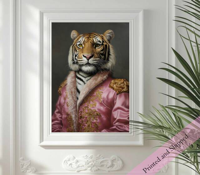 Rococo Tiger Portrait Print, Pink Renaissance Animal Art - image 1