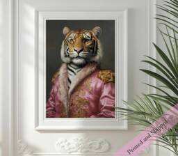 Rococo Tiger Portrait Print, Pink Renaissance Animal Art - thumbnail 1