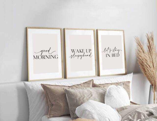 Bedroom Prints, Good Morning Set Of 3, Neutral Print, Stay in Bed, Beige Home Love Above Bed Wall Art - image 1