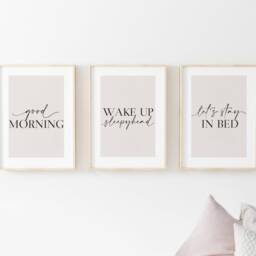 Bedroom Prints, Good Morning Set Of 3, Neutral Print, Stay in Bed, Beige Home Love Above Bed Wall Art - thumbnail 2