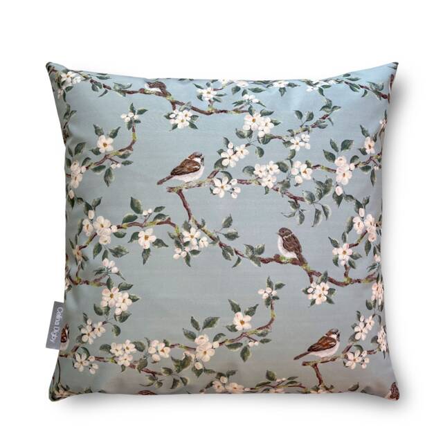 Water & Weather Resistant Garden Outdoor Cushion Pillow, Orchard Blossom Duck Egg Available in 2 Sizes - Sparrow Birds & Floral Design - image 1