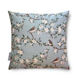 Water & Weather Resistant Garden Outdoor Cushion Pillow, Orchard Blossom Duck Egg Available in 2 Sizes - Sparrow Birds & Floral Design - thumbnail 1