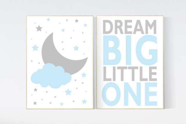 Blue Nursery Decor Moon, Stars, Clouds Art Print Set - image 1